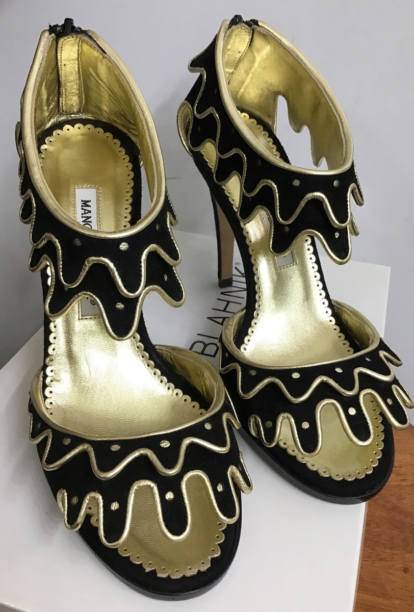 Manolo Blahnik Cusani Black 105MM Suede Gold Trim Scallop Straps