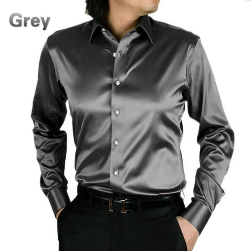 Camicia elegante uomo raso seta manica lunga slim business formale casual top classico - Foto 13 di 25