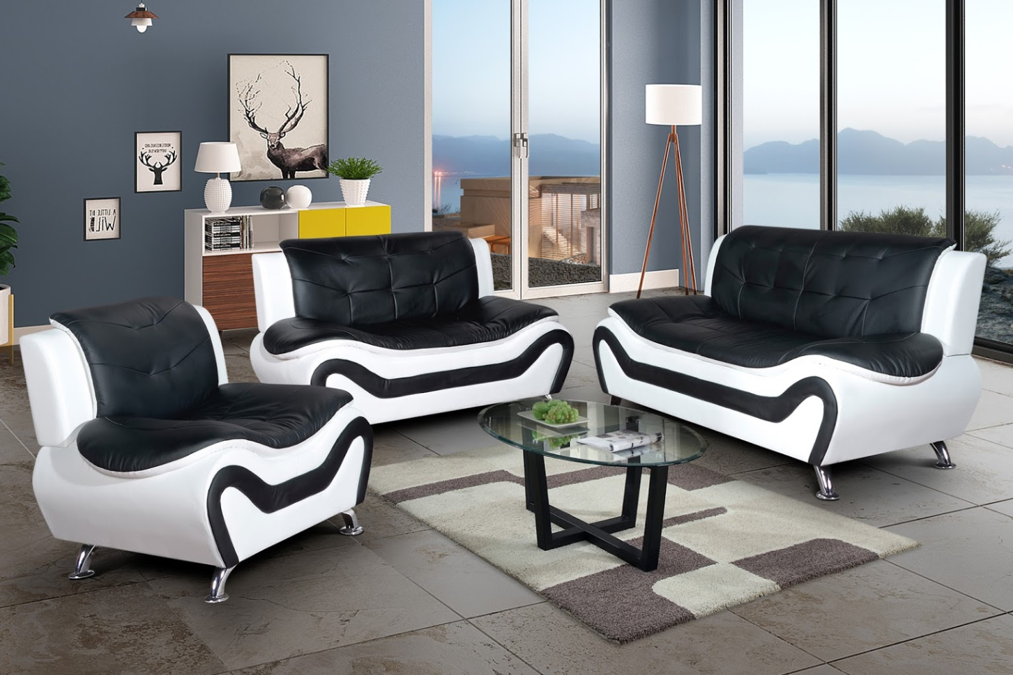 3 PC Modern Black With White Leather Sofa Loveseat Chair Living Room Set For Sale Online EBay