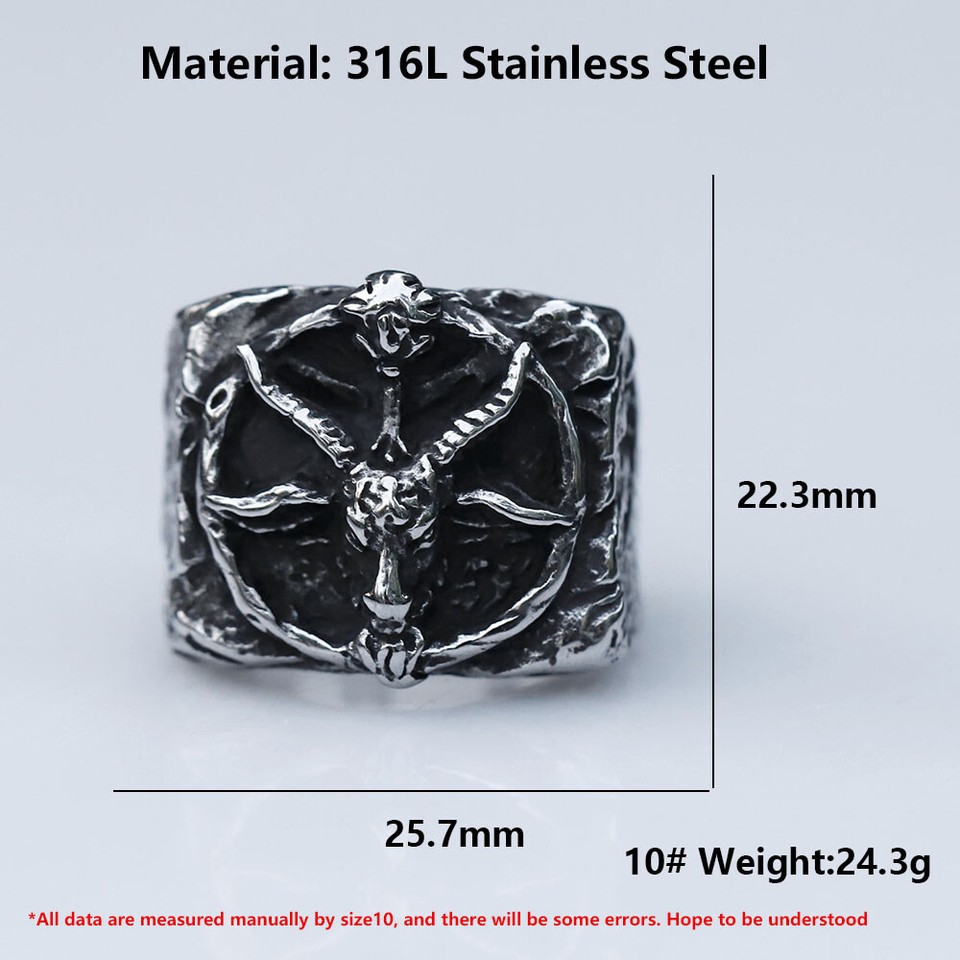 Stainless Steel Ram Goat Head Ring - Baphomet Satanic Aries Zodiac Biker Gothic Punk Jewelry