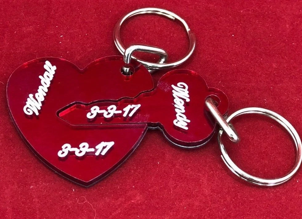 Red Heart and Key Key Chain Matching Couple Key Ring Custom Names Free  Engraving