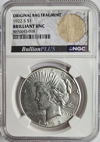 1922 S Silver Peace Dollar ~ Original Bag Frag Holder! NGC Bullion Plus
