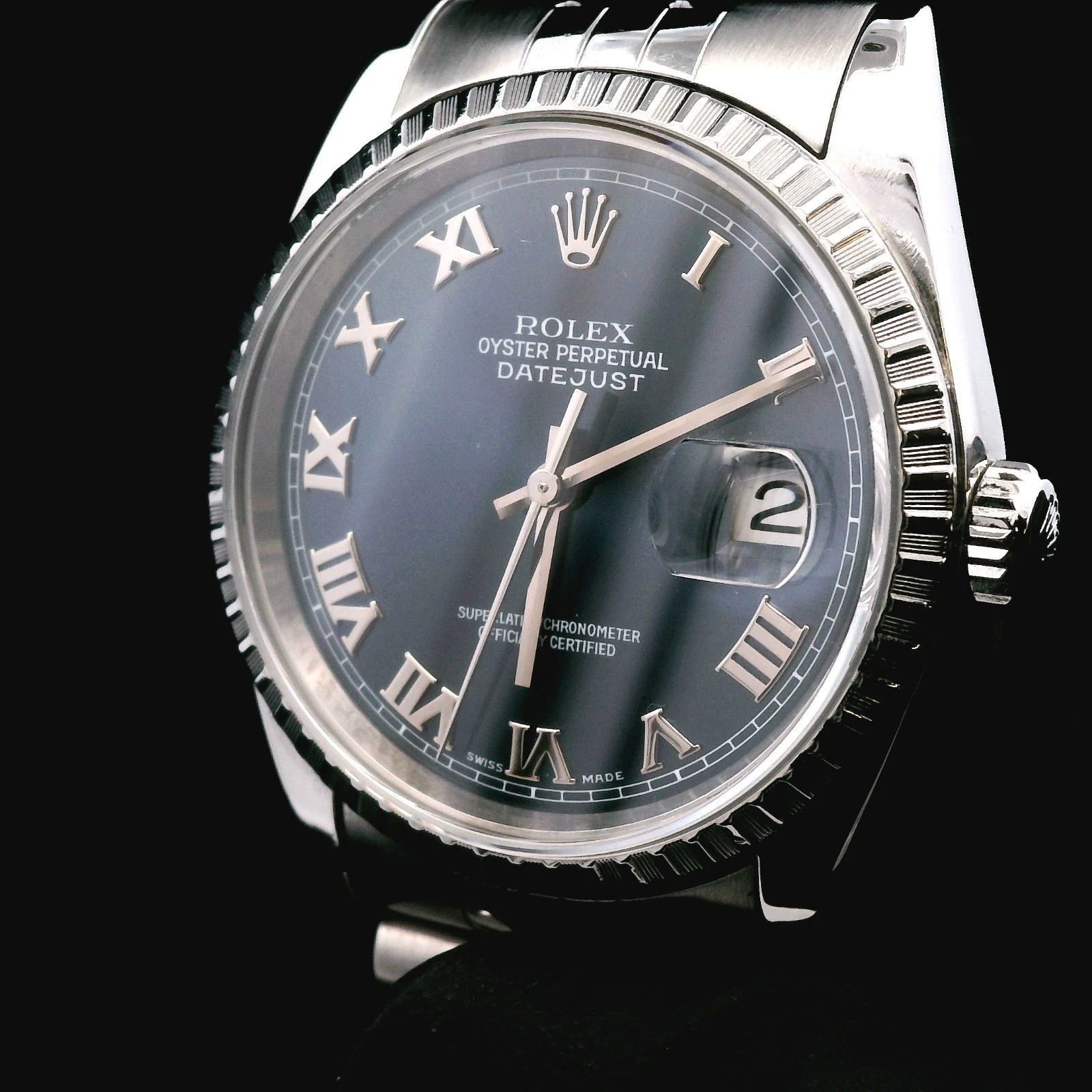 Mens Rolex Stainless Steel Datejust Watch Blue Roman Dial 16220