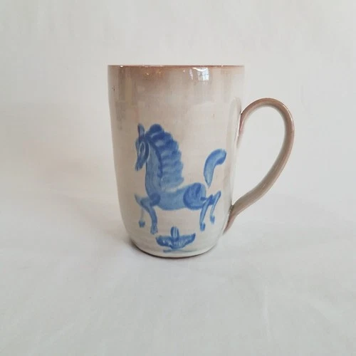 Vintage Scheier Studio Pottery Mug SIGNED Blue Dancing Horse RARE Edwin Mary