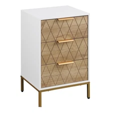 Stylish White & Nightstand with 3 Drawers for Ample Storage, Gold Metal Details,