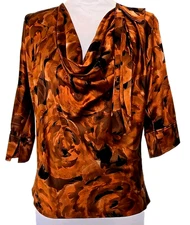 St John Womens P S Dark Ginger Floral 95% Silk 5% Spandex Flowy Blouse TOP