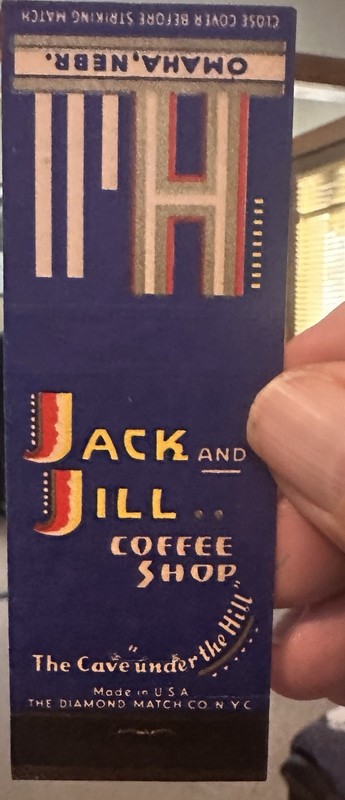 Art Deco Omaha Nebraska Matchbook HOTEL HILL 505 S. 16th JACK & JILL COFFEE SHOP