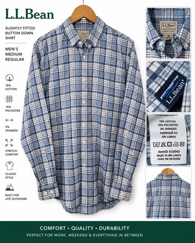 L.L.Bean Slightly Fitted Plaid Shirt Mens M Blue Stretch Cotton H#11
