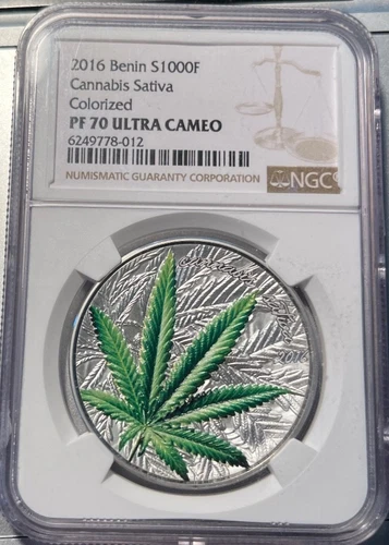 2016 Benin Cannabis Sativa Colorized 1 oz Silver 1000F NGC PF 70