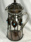 Vintage Artisan Hammered Copper Caged/Lid  Turquoise Accent Glass Pitcher UNIQUE — photo 2