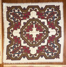 vintage white brown red blue paisley square scarf with fringes