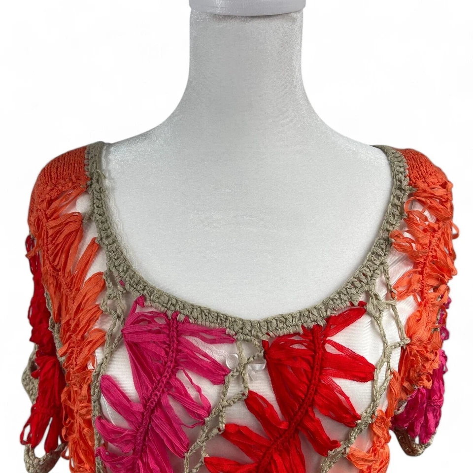 Vestido elástico ceñido al cuerpo naranja rosa rojo crochet L Resort Cottage Boho Foto 2 de 4