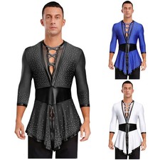 Mens Top Contrast Color Costume Mesh Shirt Tango Shiny Tanzhemd Latin Rhythm