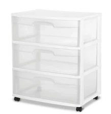 Sterilite Storage Drawer, 3 Drawer Wide Plastic Storage Cart with Clear Pull Out