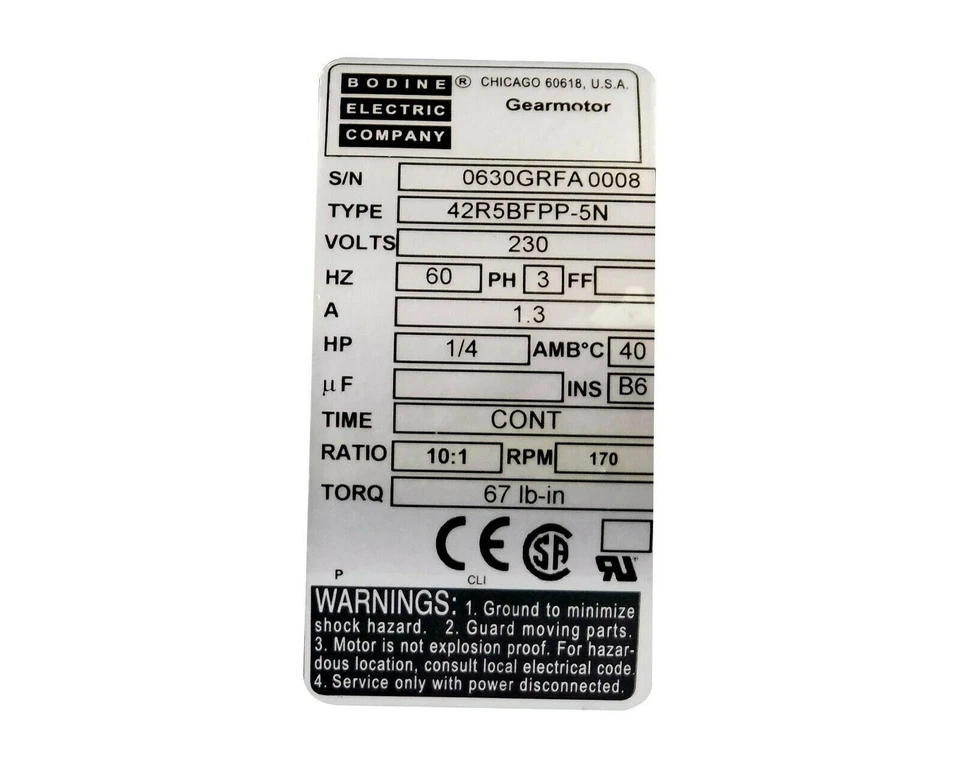 BODINE 42R5BFPP-5N RIGHT ANGLE MOTOR - 1/4 HP, 230V, 67LB/IN TOR W/3 METER CABLE - Image 4 of 4