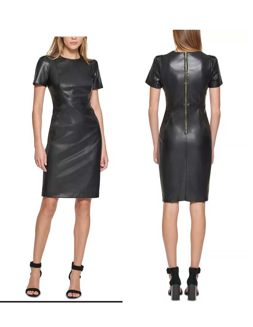 calvin klein faux leather pleated dress Calvin Klein Womens Faux Leather Long Sleeve Button Dress – ShopCGX main image 0