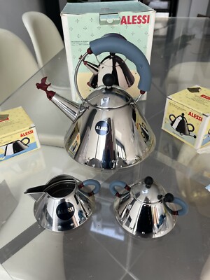 Alessi Vogel Wasserkocher Zuckerdose & Milchkännchen Set Michael Graves Vintage gekauft 1994