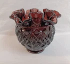 Vintage Fenton Dark Amethyst Ruffled Top Fine Cut & Block Design Vase 4 1/4"