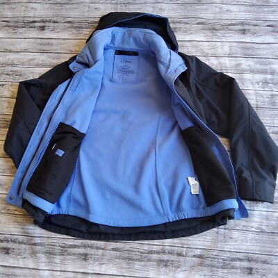 L.L. Bean Women's S Two Layer Jacket Fleece Nylon Blue White Roll Away Hoodie 