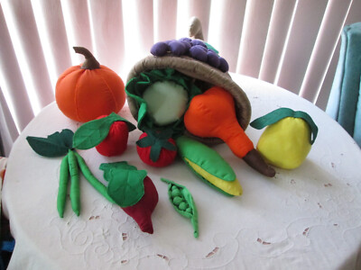 Handmade Thanksgiving Cornucopia w/ Harvest Vegetables & Fruit, 12 Pieces