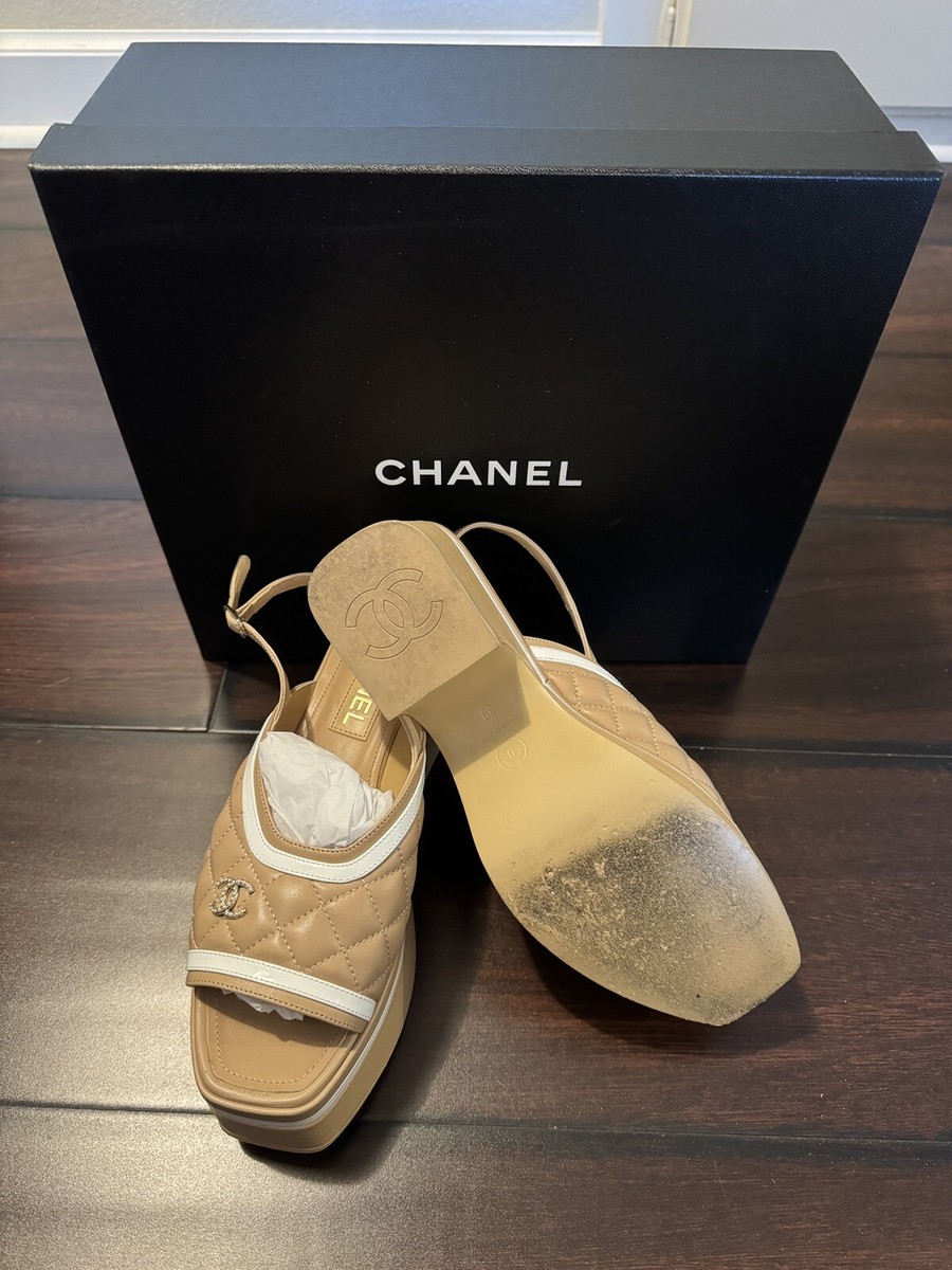 Chanel Open Toe Platform Block Heels Sandals Beige/White Chanel Open Toe Platform Block Heels Sandals Beige/White