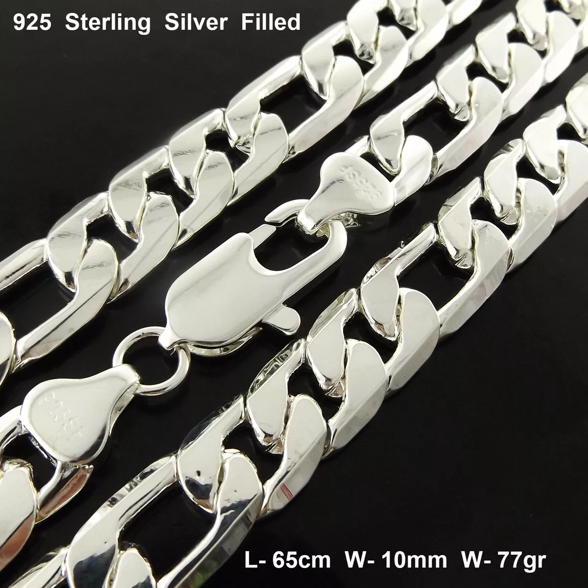 Men s Necklace Real 925 Sterling Silver Filled Solid Figaro Statement Chain 65cm