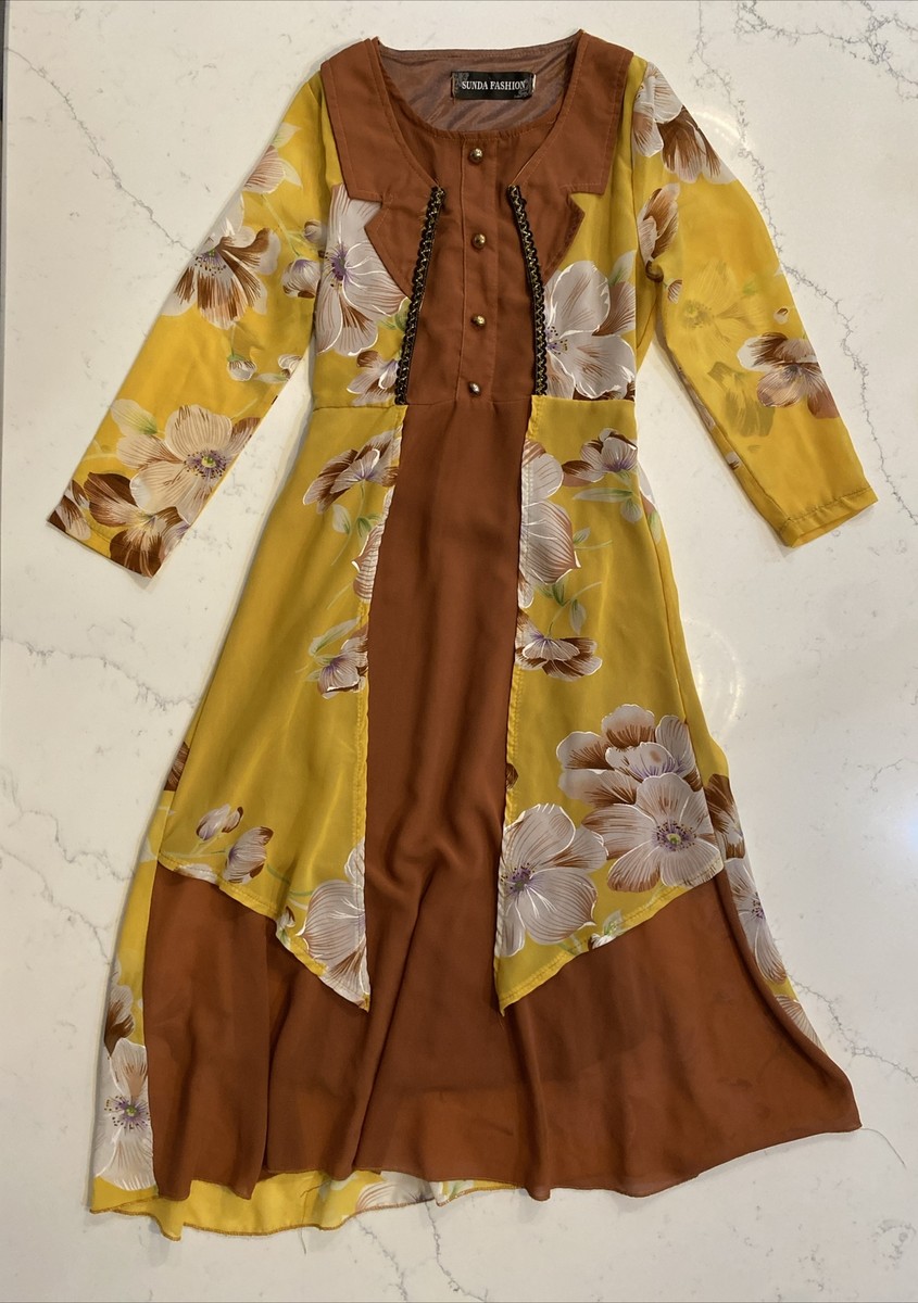 Sunda Fashion Girls Dress Size 9 Yellow Brown Long Indian Style Floral Dressy Sunda Fashion Girls Dress Size 9 Yellow Brown Long Indian Style Floral Dressy