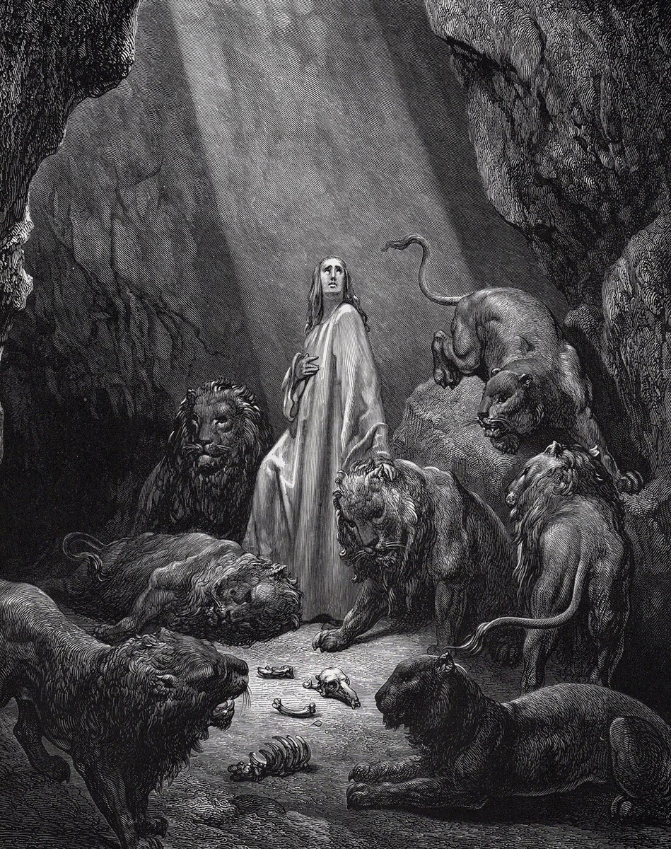 Stunning DORE 1800s Religious Woodcut Daniel in the Lions' Den