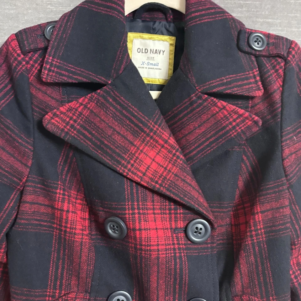 Abrigo Vintage Antiguo Azul Marino XS Rojo Lana a Cuadros Recortado Trinchera Guisante Años 90 y2k Gótico Grunge Foto 2 de 4