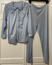 VINTAGE SHADOWLINE BLUE NYLON PAJAMA SET LONG SLEEVES EMBROIDERED COLLAR SIZE 34