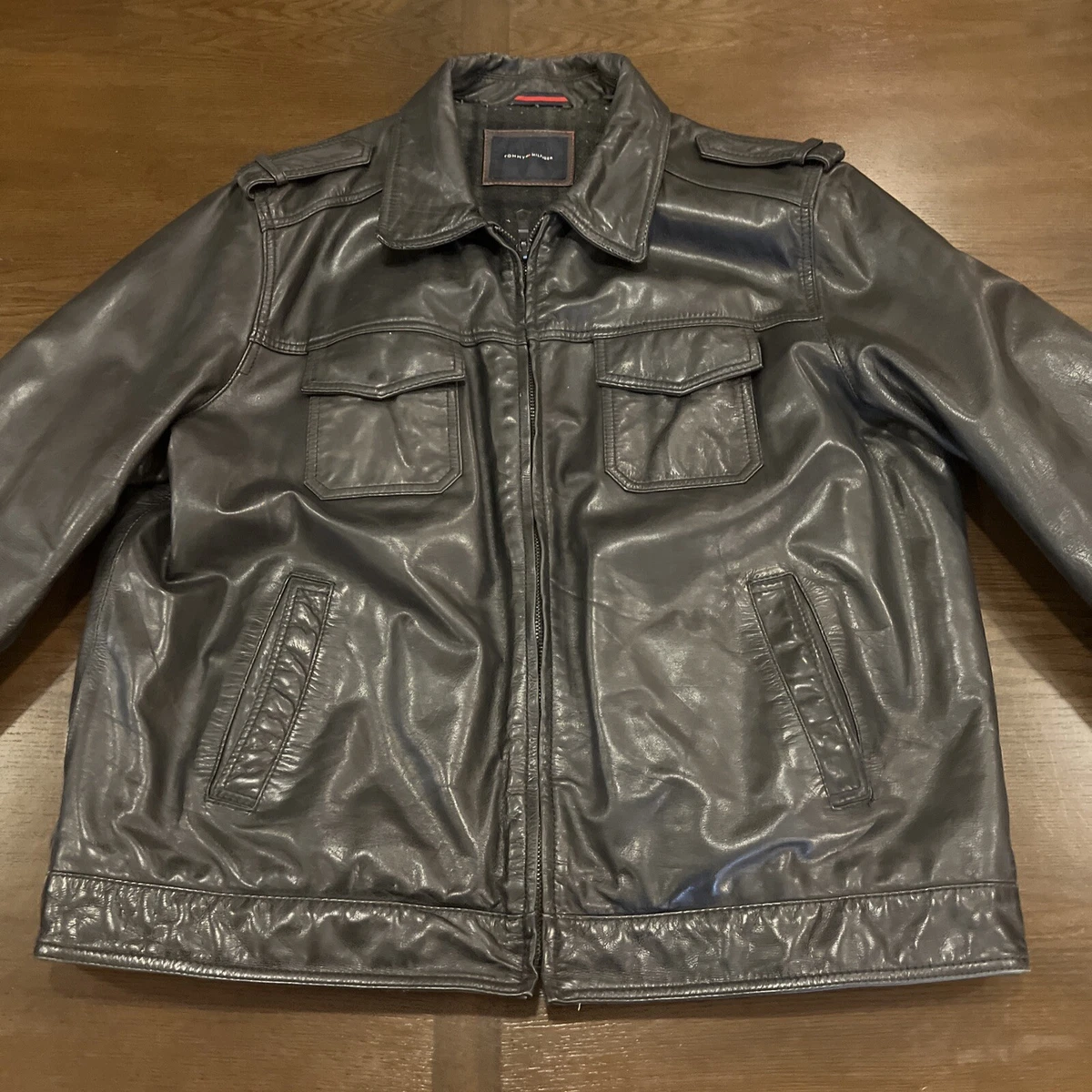 Vintage Black TOMMY HILFIGER Leather Motorcycle Jacket Med Fits