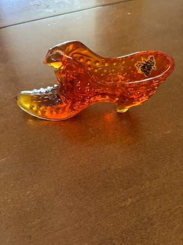 Fenton Amberina Orange Yellow Hobnail Shoe Glass Slipper Cat Head