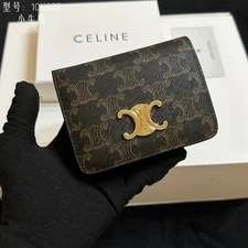 CELINE Triomphe Canvas Small Calfskin Compact Wallet in Brown