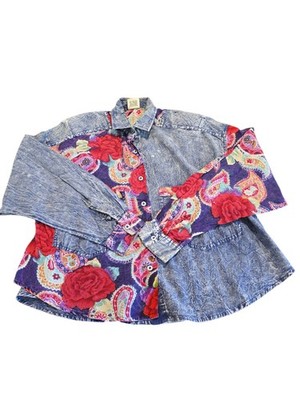 Vintage Something Different Button Down Top Shirt Floral Denim Pattern Size M