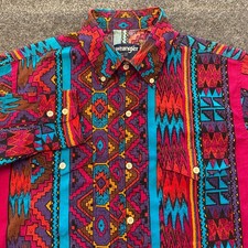 VTG 90s Wrangler Brushpopper Cowboy Cut X Long Tails Aztec Shirt Mens Size 16