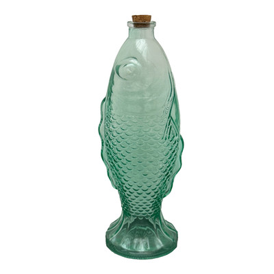Vintage grüne Glasflasche in Fischform mit Korken Deko Schnapsflasche Kunst