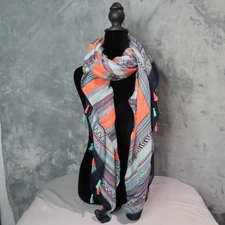 Geometric Tassel Scarf Womens Large Multicolor Orange Blue Lightweight Boho Wrap