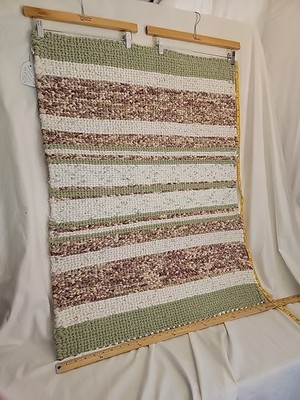 NWT Handwoven Rag Rug 29 X 38, By LUNA M. Green, pink & white