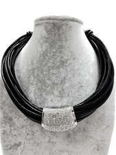 NEW SILVER TONE SLIDING BARREL PAVE CRYSTALS MULTI BLACK LEATHER CORDS NECKLACE