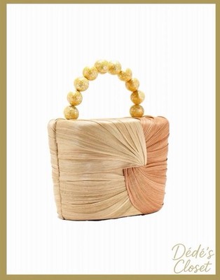 Emm Kuo Beaded Handle Woven Straw Top Handle Bag Natural Tan Rectangle Women s