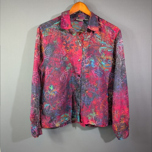 Chico's 1 Md Linen Blend Colorful Batik Print Sheer Button Up Blouse Bold Layer