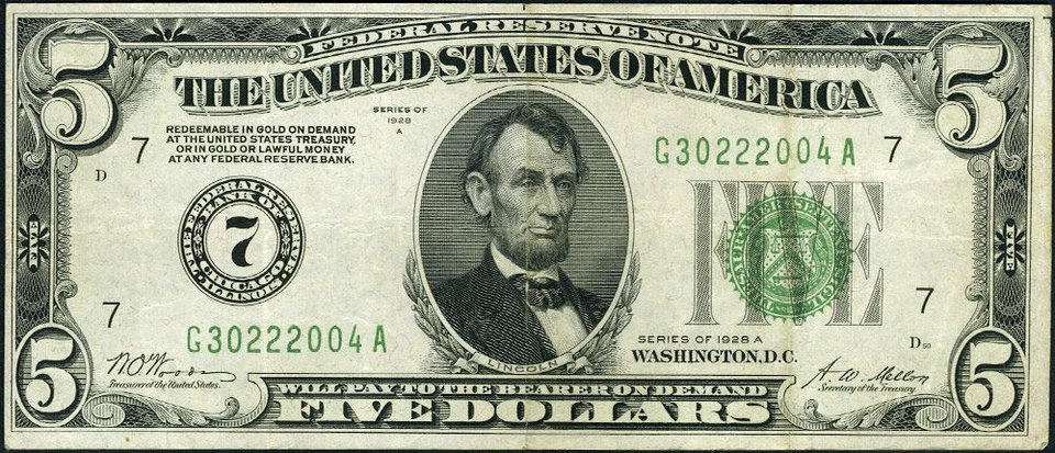 FR. 1951 G $5 1928-A Federal Reserve Note Chicago G-A Block VF+ - Image 2 of 3