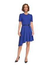 DKNY Womens Blue Belted Asymmetric Hem Short Sleeve Sheath Dress 4