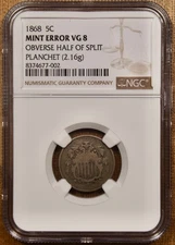 1868 Shield Nickel Obverse Half of Split Planchet Mint Error, NGC VG8 COOL! DKRC