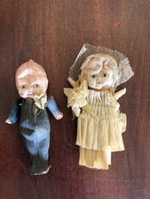 1920s Antique Celluloid Kewpie 4  Bride  Groom Cake Topper Paper Cloths Japan