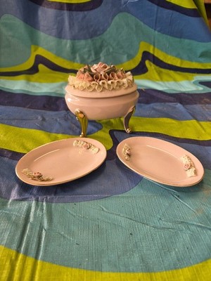 Vintage Ceramic Trinket Box With 2 Vanity Dishes. See Pics