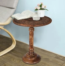 Lightnpro Hand-Carved Wooden Pillar Table - Rustic Accent Vintage Side End Ta...