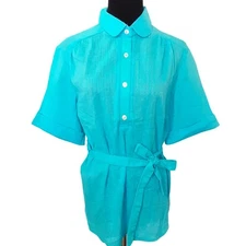 Vintage 70s Tie Waist Shirt Dress Peter Pan Collar Tunic Cuff Sleeve Carol Brady