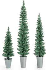 3' 4' 5' Slim Christmas Tree, Set of 3 Fake with Iron Bucket Stand, Outdoor Pott