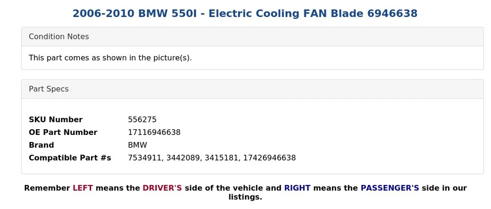 BMW 550I 2006-2010 - Ventilador de refrigeración eléctrico hoja 6946638 Foto 3 de 4